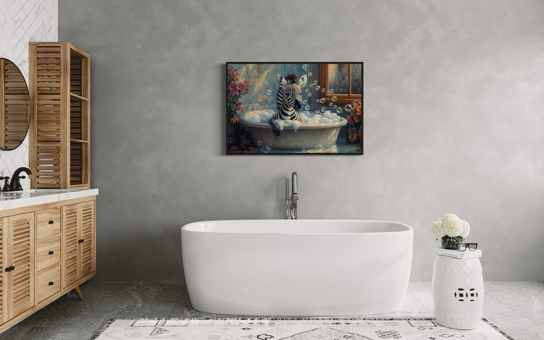 Baby Zebra in a Bathtub Framed Canvas Wall Art