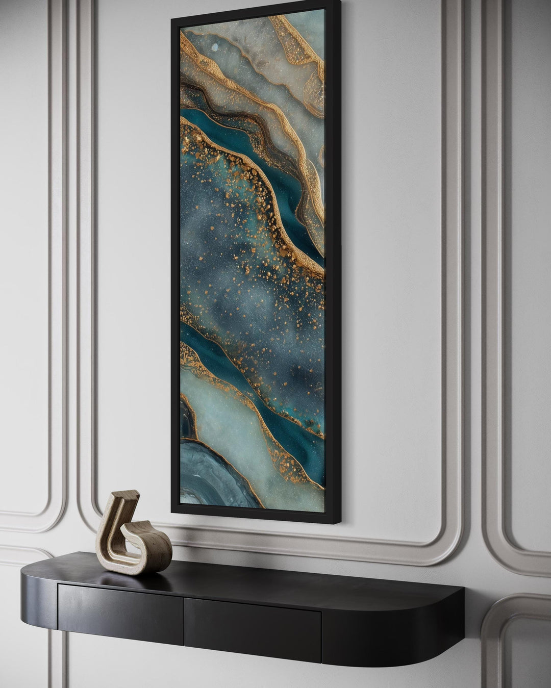Tall Narrow Vertical Marble Inspired Abstract Teal Blue Gold Canvas Print
