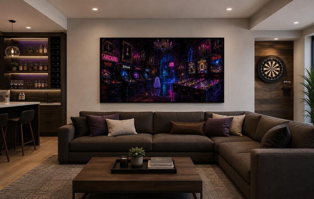 Spooky Halloween arcade wall art with a ghost and neon purple pinball machines in a game room.