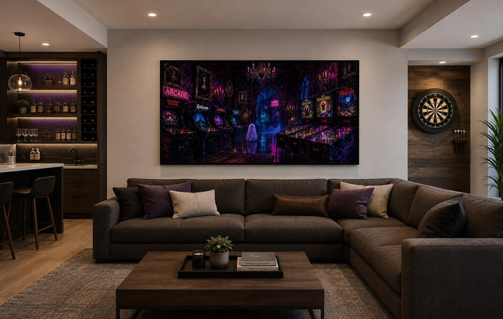 Spooky Halloween arcade wall art with a ghost and neon purple pinball machines in a game room.