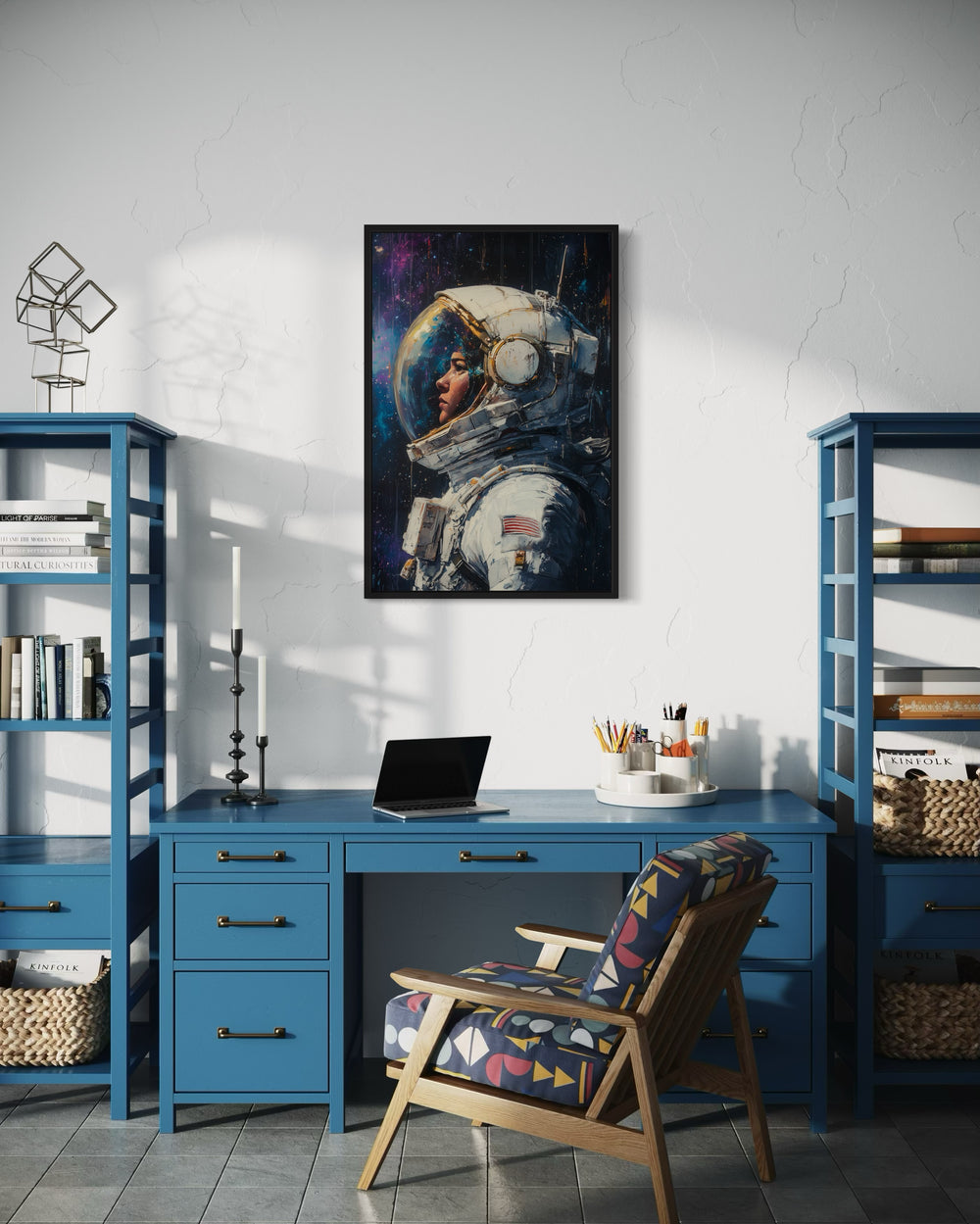 Female Astronaut Graffiti Framed Canvas Wall Art in the office