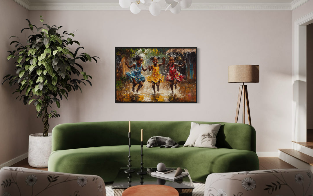 Happy African Girls Dancing In Rain Framed Canvas Wall Art in a living room filled with furniture