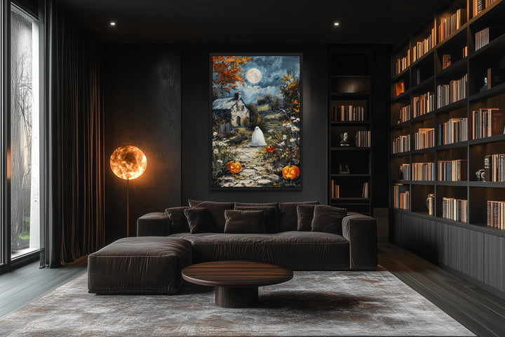 Spooky Ghost Decor with Full Moon And Pumpkin Path Halloween Canvas Wall Art
