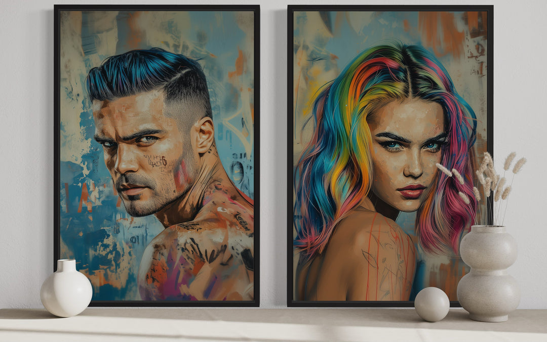 Set Of Two Man And Woman With Rainbow Hair close up