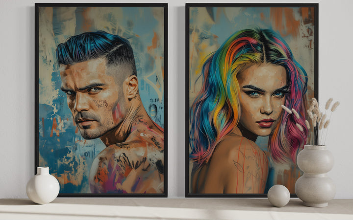 Set Of Two Man And Woman With Rainbow Hair close up