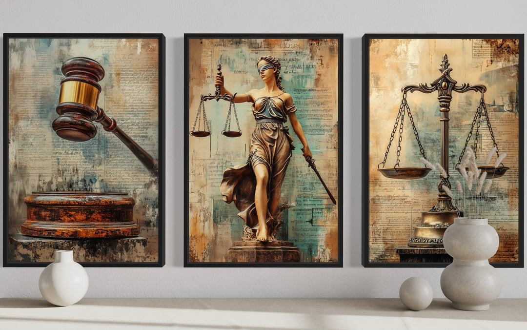 Justice and Law Wall Art Set Of 3 – Scales of Justice, Gavel, and Lady Justice Canvas Prints close up