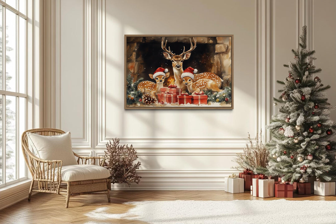Christmas Deer With Santa Hats and Gifts Canvas Wall Art
