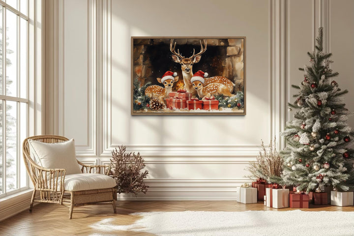 Christmas Deer With Santa Hats and Gifts Canvas Wall Art