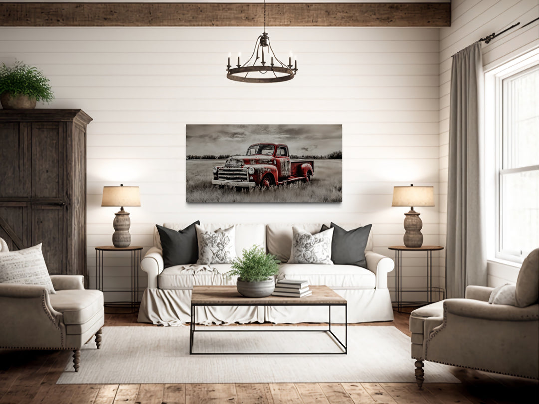 Old Red Truck On The Farm Rustic Chic Framed Canvas Wall Art in farmhouse bedroom