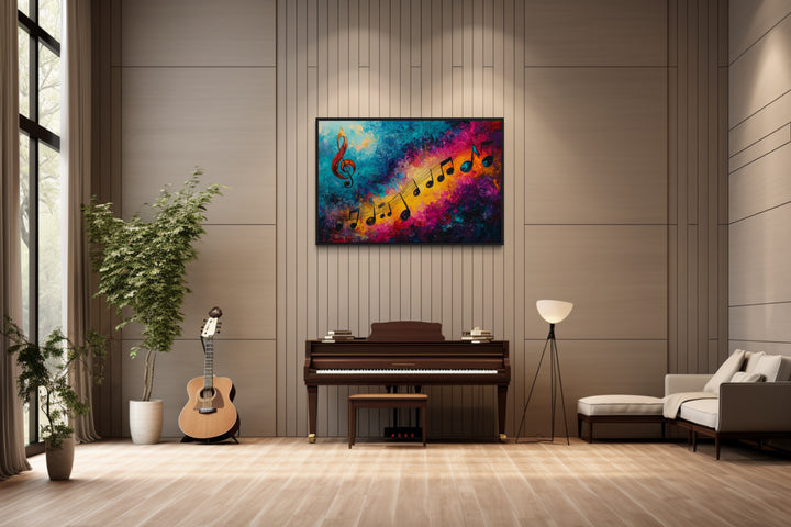 Trippy Colorful Music Notes Abstract Paining Framed Canvas Wall Art in music room