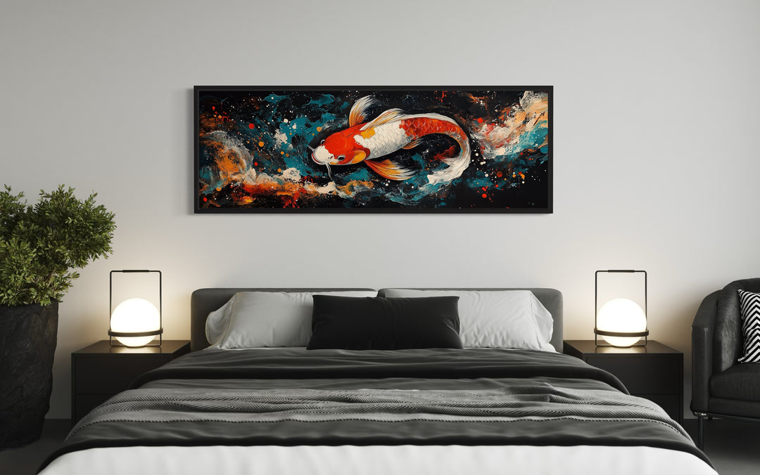 Vibrant Japanese Koi Canvas Print Zen Inspired Over Bed Wall Decor in dark bedroom