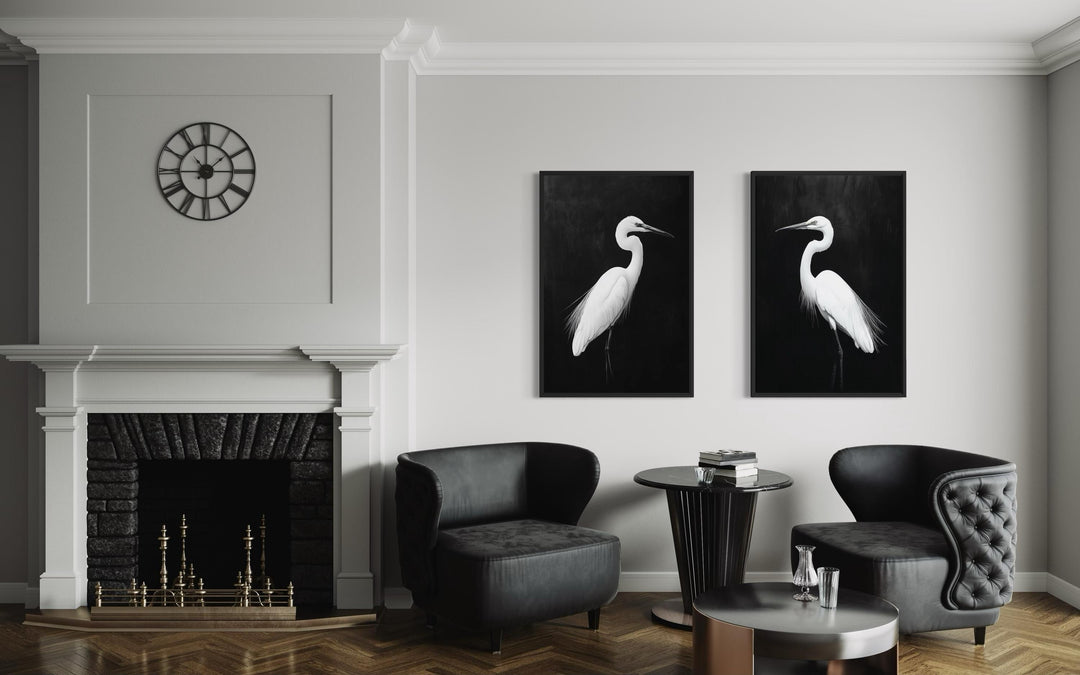 Set of 2 White Egrets On Black Background Canvas Wall Art