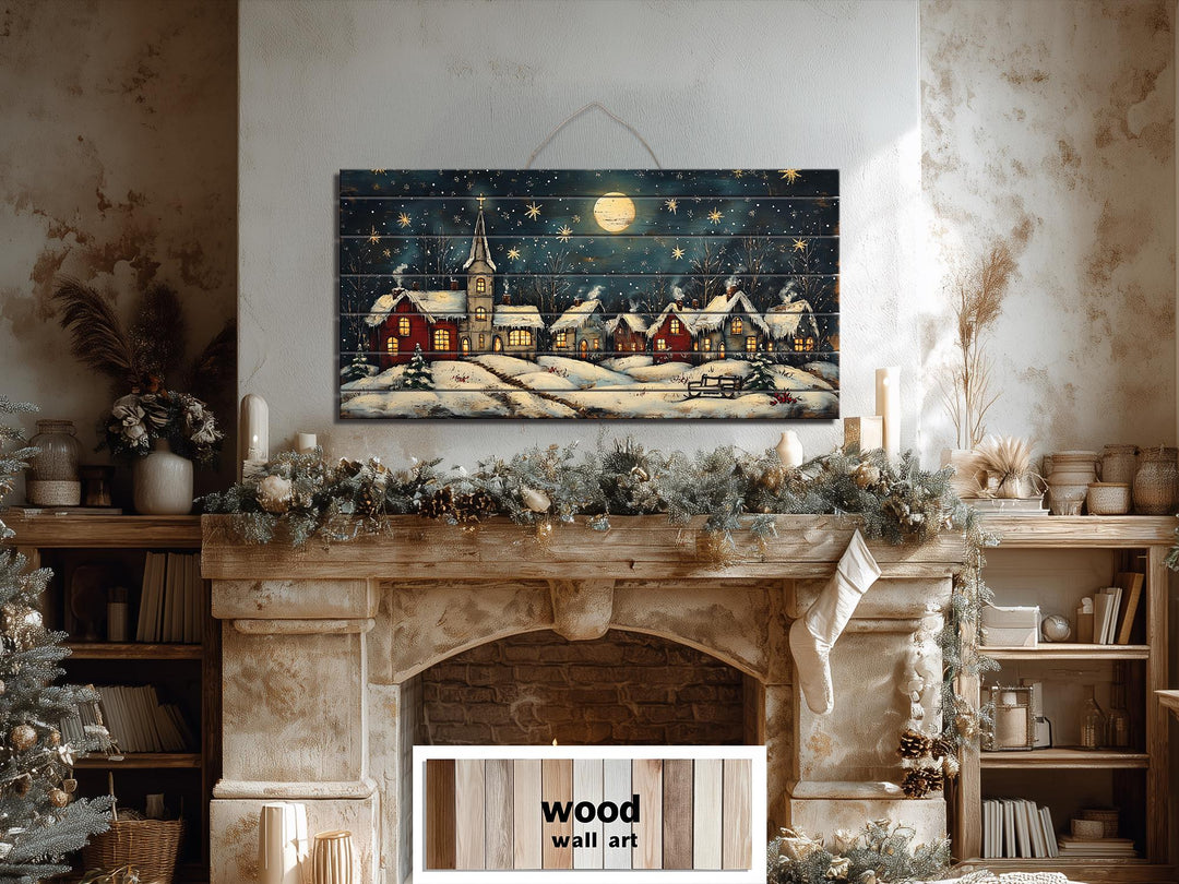 Rustic Christmas Moonlit Village Distressed Wood Wall Art
