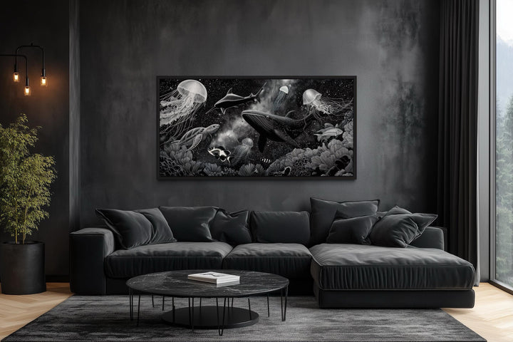 Black and White Underwater Ocean Scene Canvas Wall Art – Whale, Jellyfish, Sea Turtle, Coral Reef
