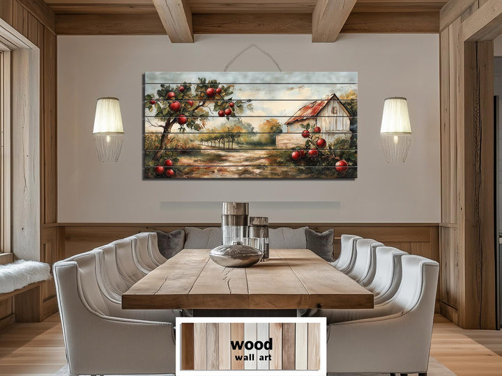 Rustic Apple Orchard With Barn Distressed Wood Dining Room Wall Art