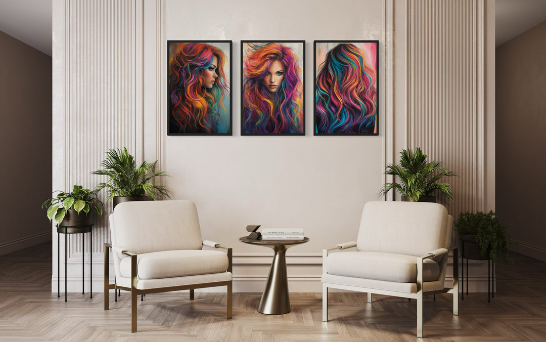 Rainbow Colored Woman wall art in hair salon