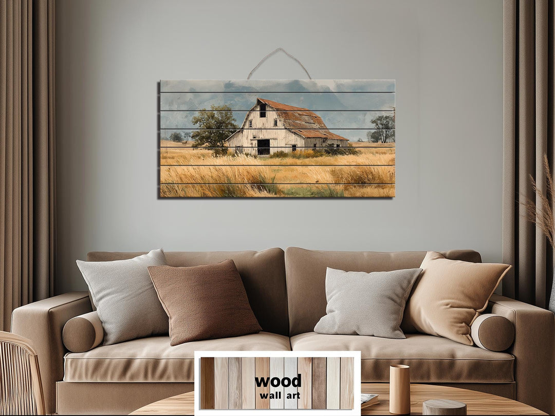 Rustic Old Barn in Wheat Field Distressed Wood Wall Art