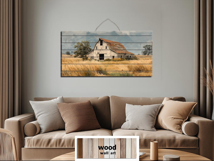 Rustic Old Barn in Wheat Field Distressed Wood Wall Art