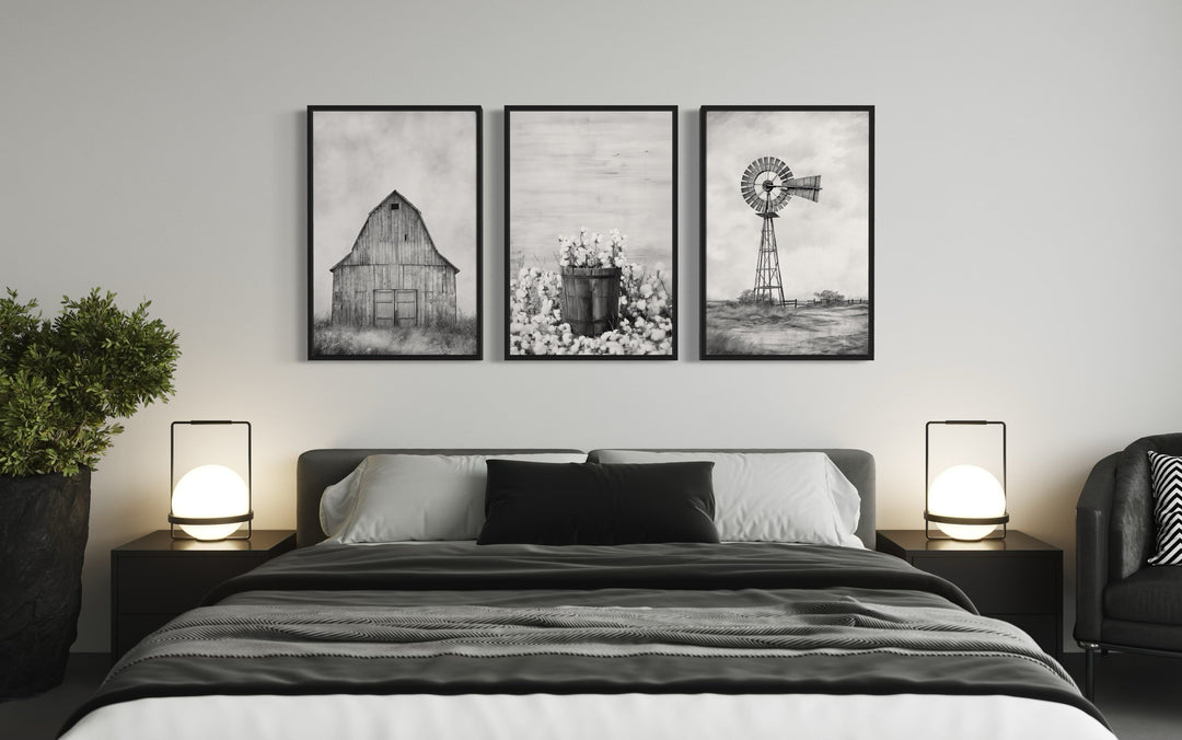 3 Piece Black White Grey Rustic Farmhouse Wall Art With Barn, Windmill, Cotton