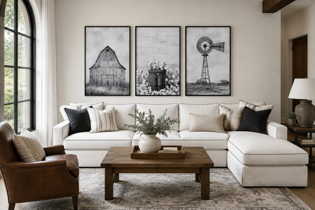 3-piece black and white farmhouse wall art set featuring a barn, cotton, and a windmill.