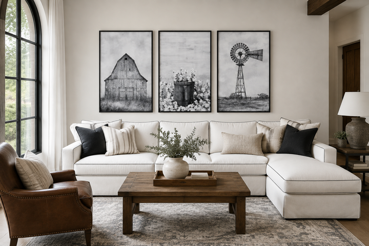 3-piece black and white farmhouse wall art set featuring a barn, cotton, and a windmill.