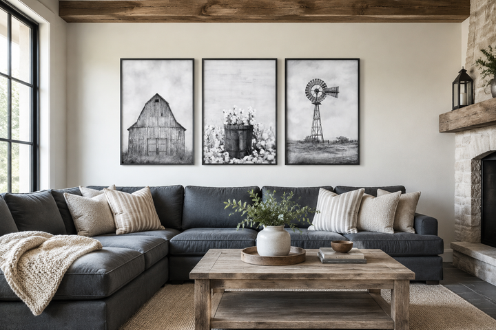 3-piece black and white rustic farmhouse wall art set featuring a barn, cotton, and a windmill.