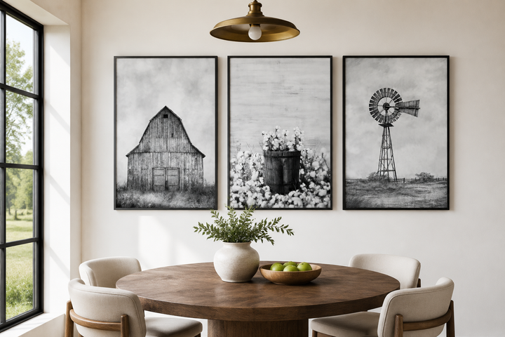 3-piece black and white rustic farmhouse wall art set featuring a barn, cotton, and a windmill.