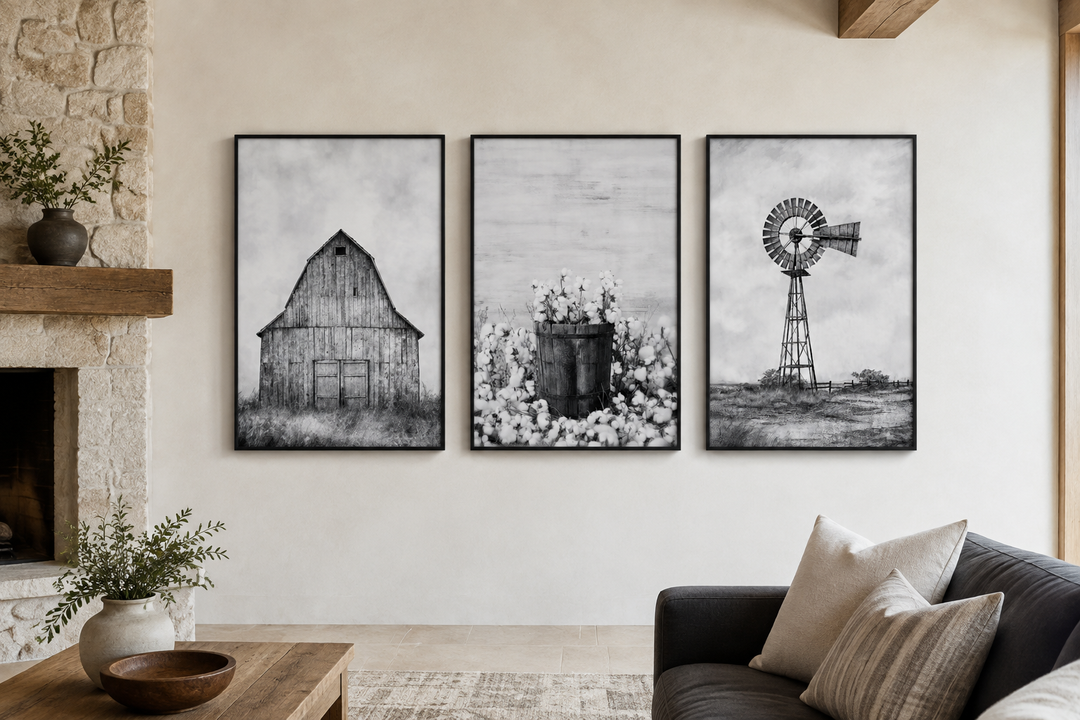 Three-piece black and white rustic farmhouse wall art featuring a barn, cotton, and a windmill.