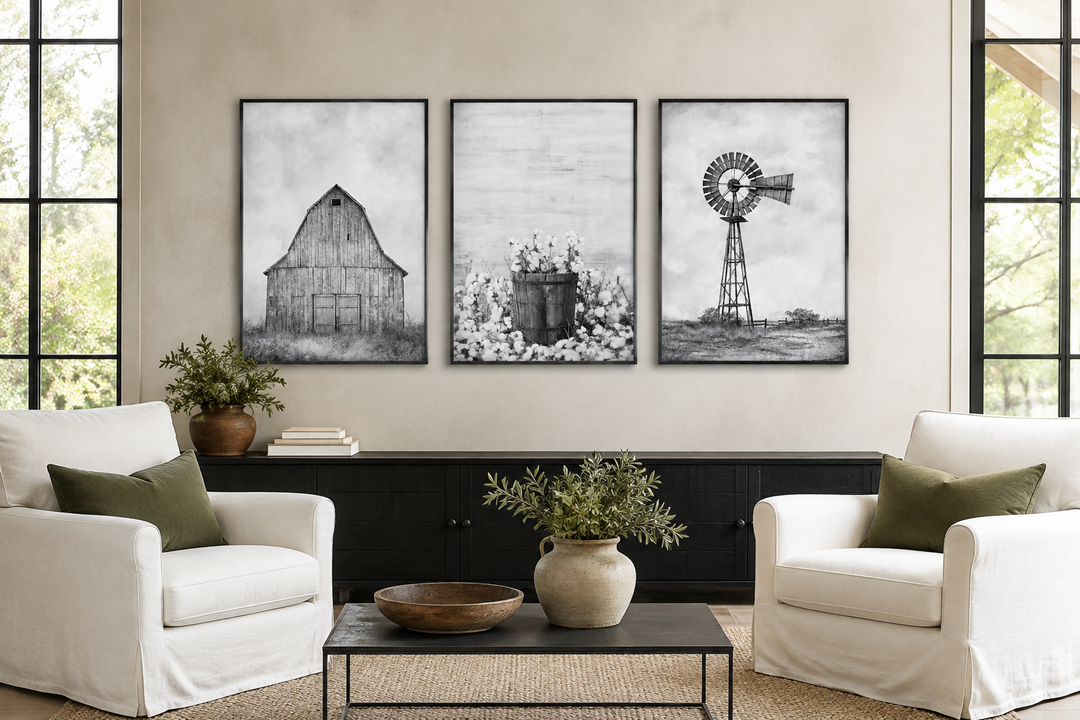 3-piece black and white rustic farmhouse wall art set featuring a barn, cotton, and a windmill.