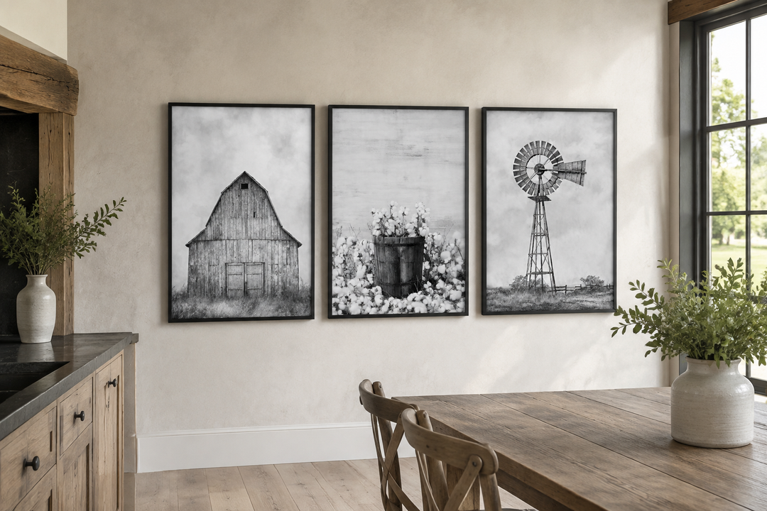 3-piece black and white rustic farmhouse wall art set featuring a barn, cotton, and a windmill.