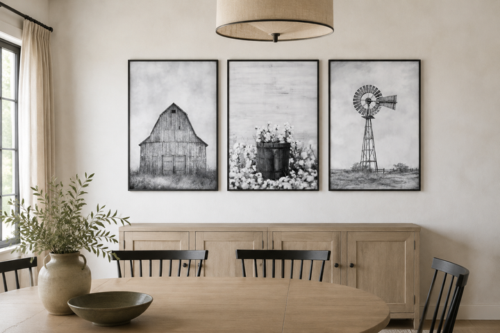 3-piece black and white farmhouse wall art set featuring a barn, cotton, and a windmill.