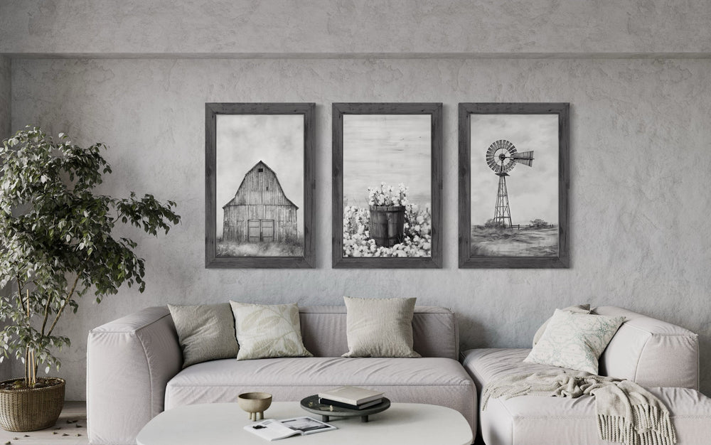3-piece rustic farmhouse wall art set featuring a barn, cotton sprigs, and a windmill in grey tones.