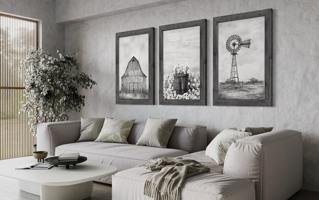 3-piece rustic farmhouse wall art set featuring a barn, cotton, and windmill in black and white.