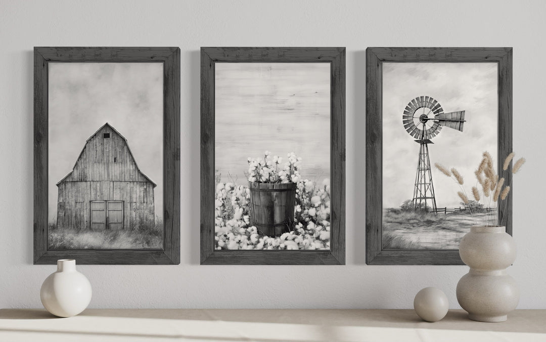 3-piece rustic farmhouse wall art set featuring a barn, cotton bucket, and windmill in black and white.