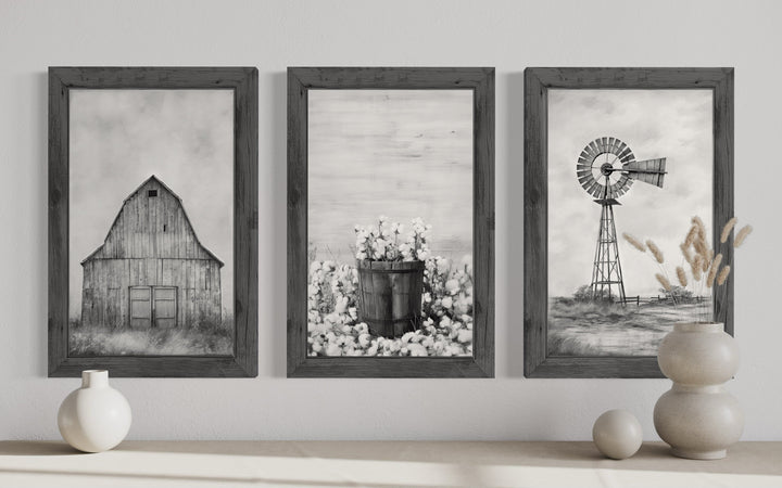 3-piece rustic farmhouse wall art set featuring a barn, cotton bucket, and windmill in black and white.