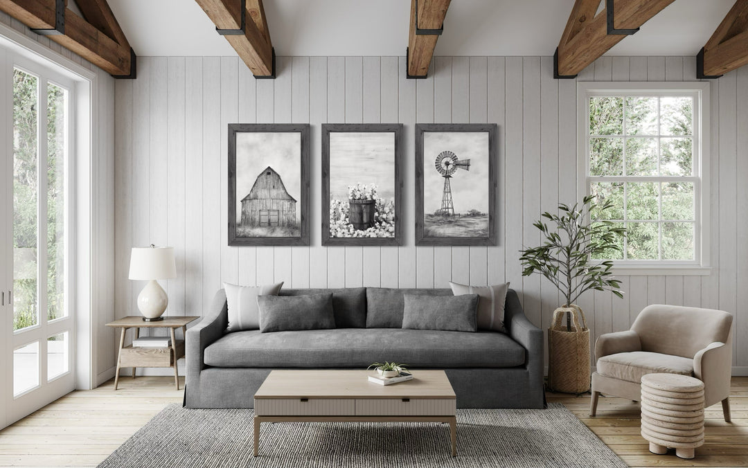 3-piece rustic farmhouse wall art set featuring a barn, cotton, and windmill in grey wood frames.