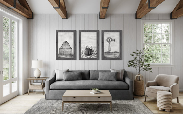 3-piece rustic farmhouse wall art set featuring a barn, cotton, and windmill in grey wood frames.