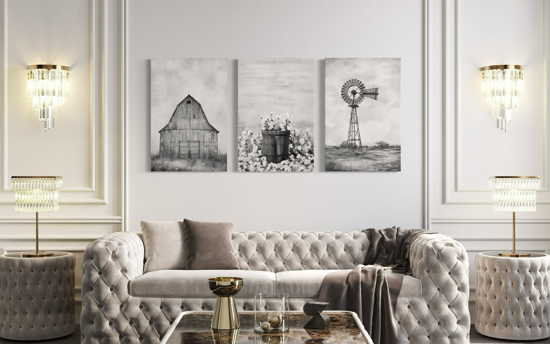 3 Piece Black White Grey Rustic Farmhouse Wall Art With Barn, Windmill, Cotton