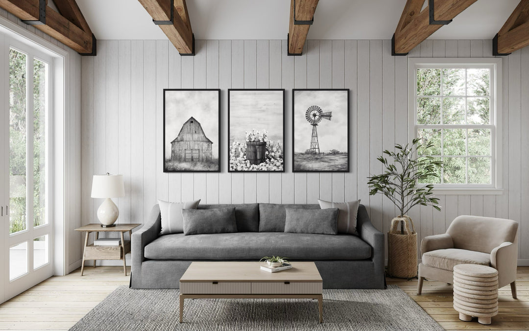 3-piece black and white farmhouse wall art set featuring a barn, cotton, and a windmill.