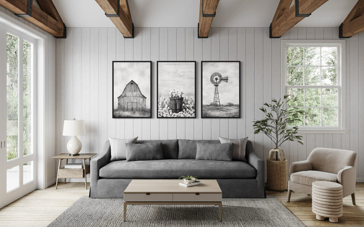 3-piece black and white farmhouse wall art set featuring a barn, cotton, and a windmill.
