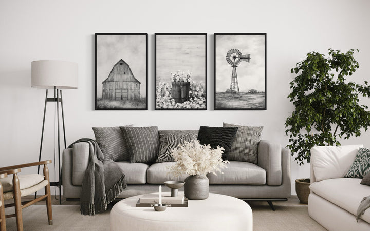 3 Piece Black White Grey Rustic Farmhouse Wall Art With Barn, Windmill, Cotton