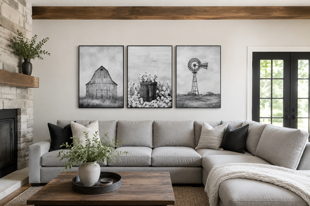 3-piece black and white farmhouse wall art set featuring a barn, cotton, and a windmill.