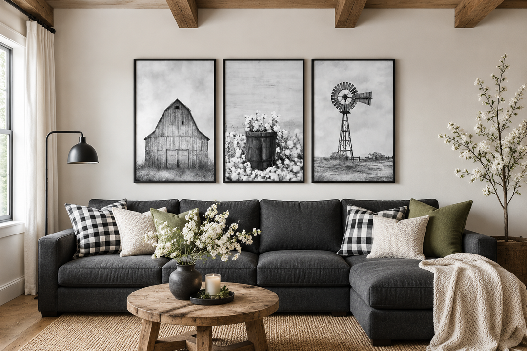 3-piece black and white farmhouse wall art set featuring a barn, cotton, and a windmill.