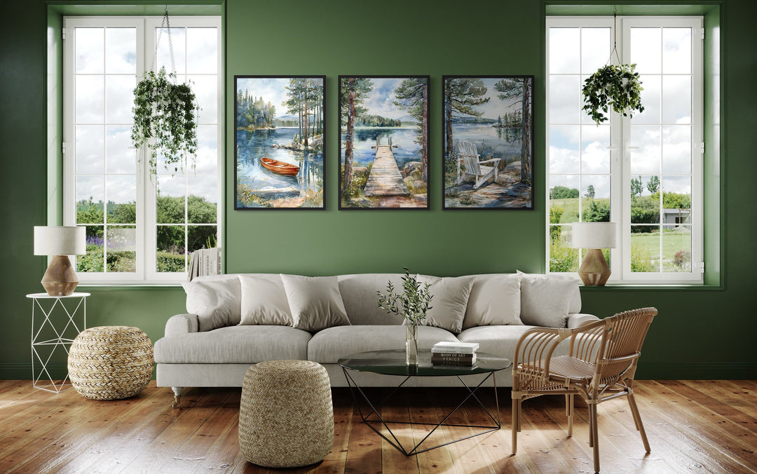 3 Piece Lake House Wall Art, Fishing Dock, Old Boat And Adirondack Chair