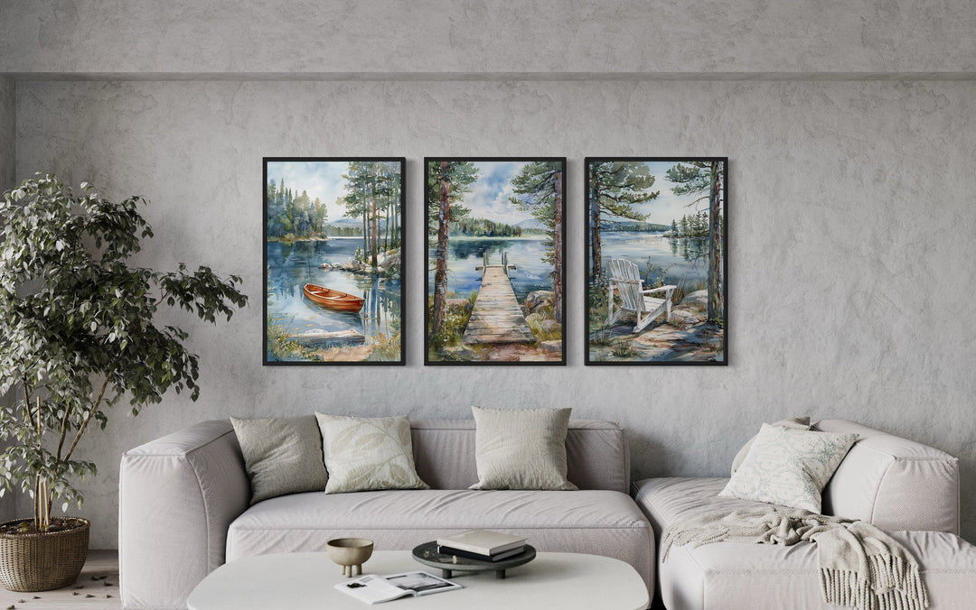 3 Piece Lake House Wall Art, Fishing Dock, Old Boat And Adirondack Chair