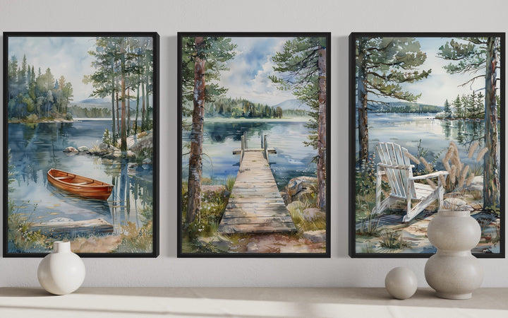 3 Piece Lake House Wall Art, Fishing Dock, Old Boat And Adirondack Chair