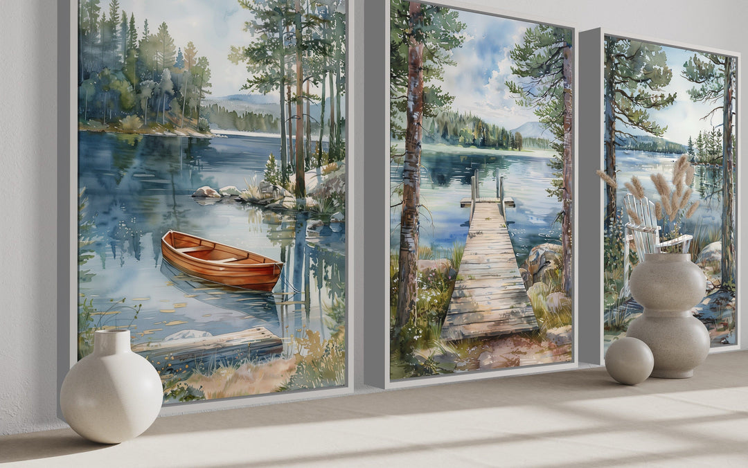 3 Piece Lake House Wall Art, Fishing Dock, Old Boat And Adirondack Chair