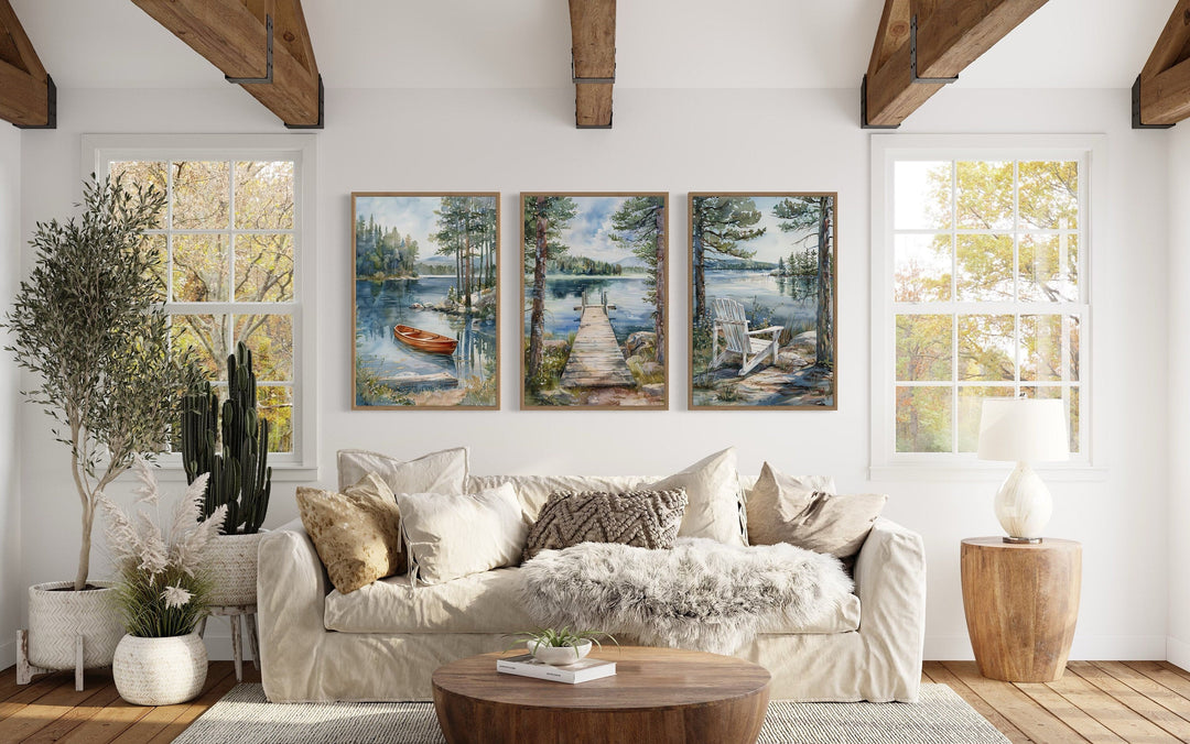 3 Piece Lake House Wall Art, Fishing Dock, Old Boat And Adirondack Chair