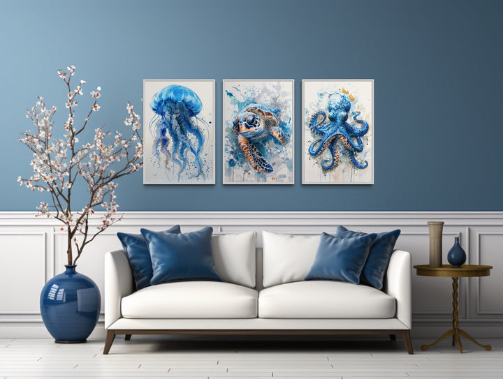 3 Piece Marine Animals Octopus, Sea Turtle, Jellyfish Beach House Wall Art