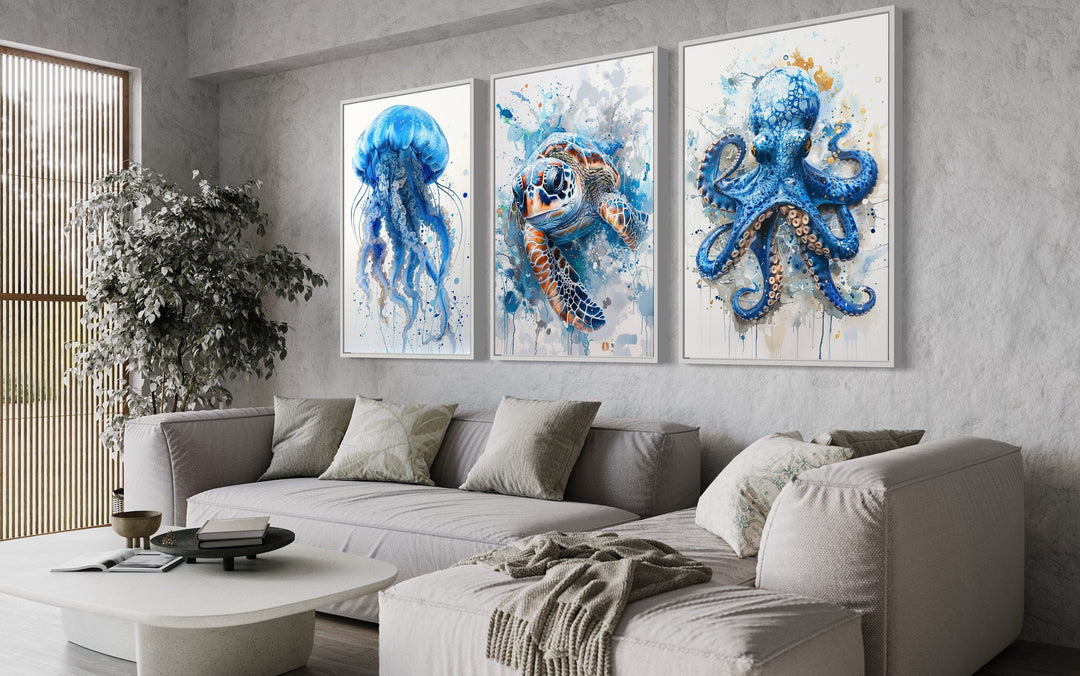 3 Piece Marine Animals Octopus, Sea Turtle, Jellyfish Beach House Wall Art